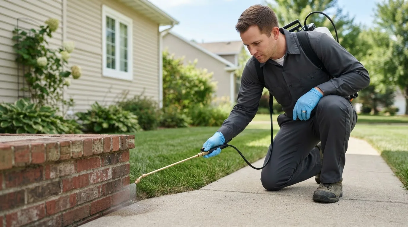 Pest control technician treating a home near Hill, NH